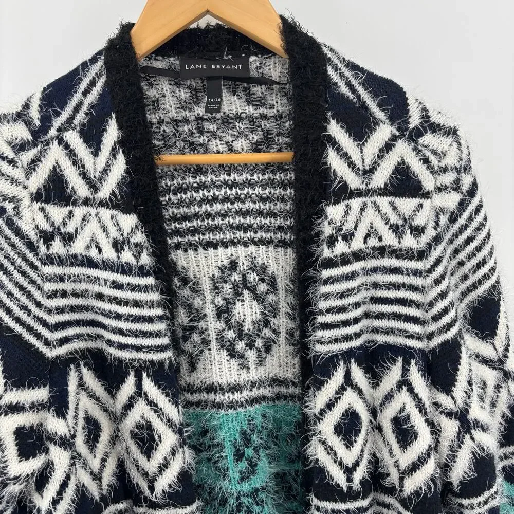 Lane Bryant Longline Eyelash Open Front Cardigan 14 16 Teal Soft Southwestern